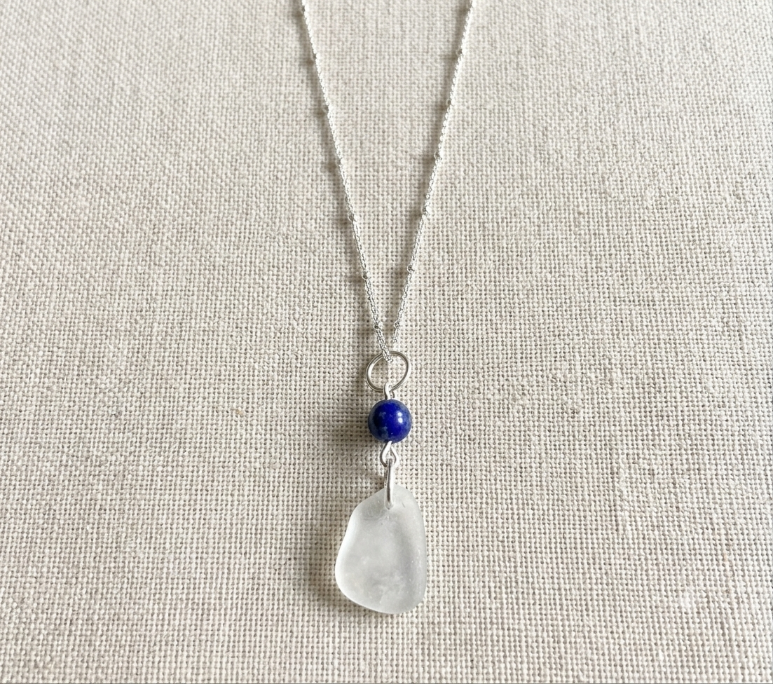 925 Sterling Silver Lapis Lazuli and sea glass pendant