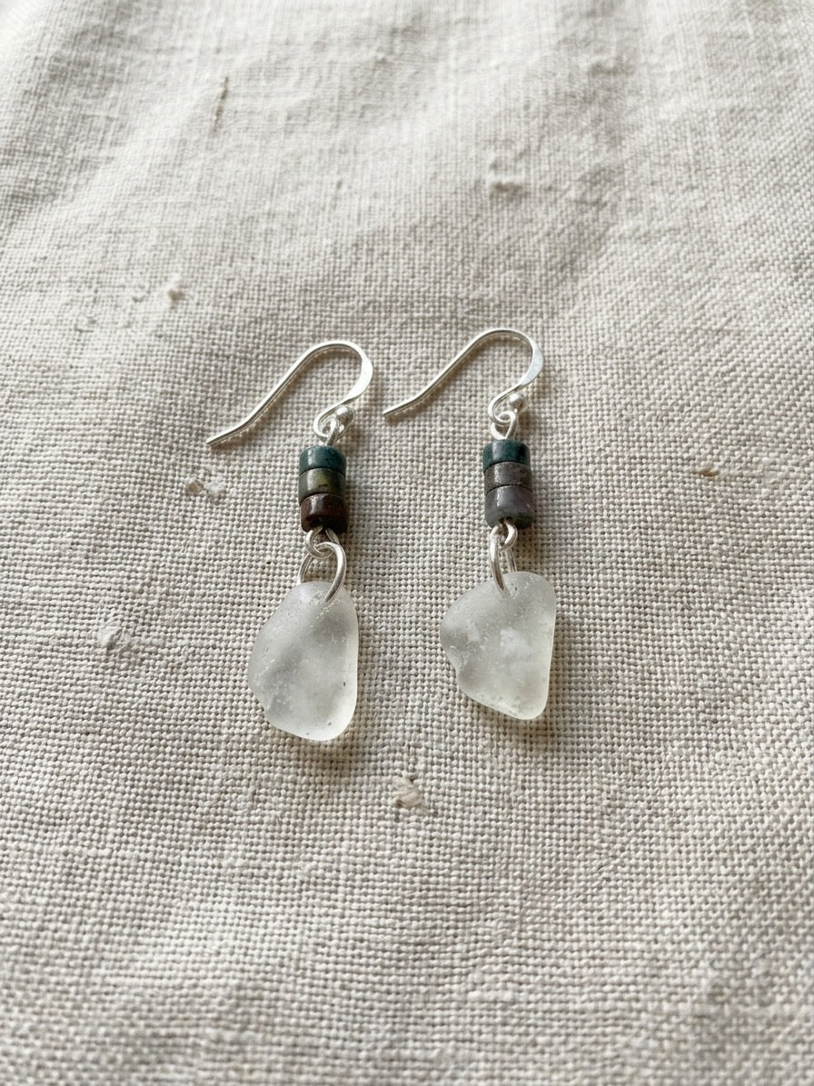 925 Sterling Silver, indian agate and sea glass earrings