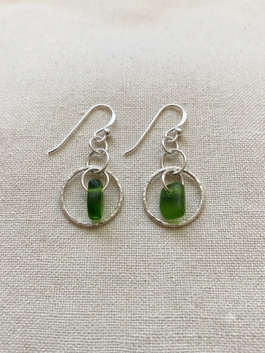 925 Sterling Silver hammered circles sea glass earrings