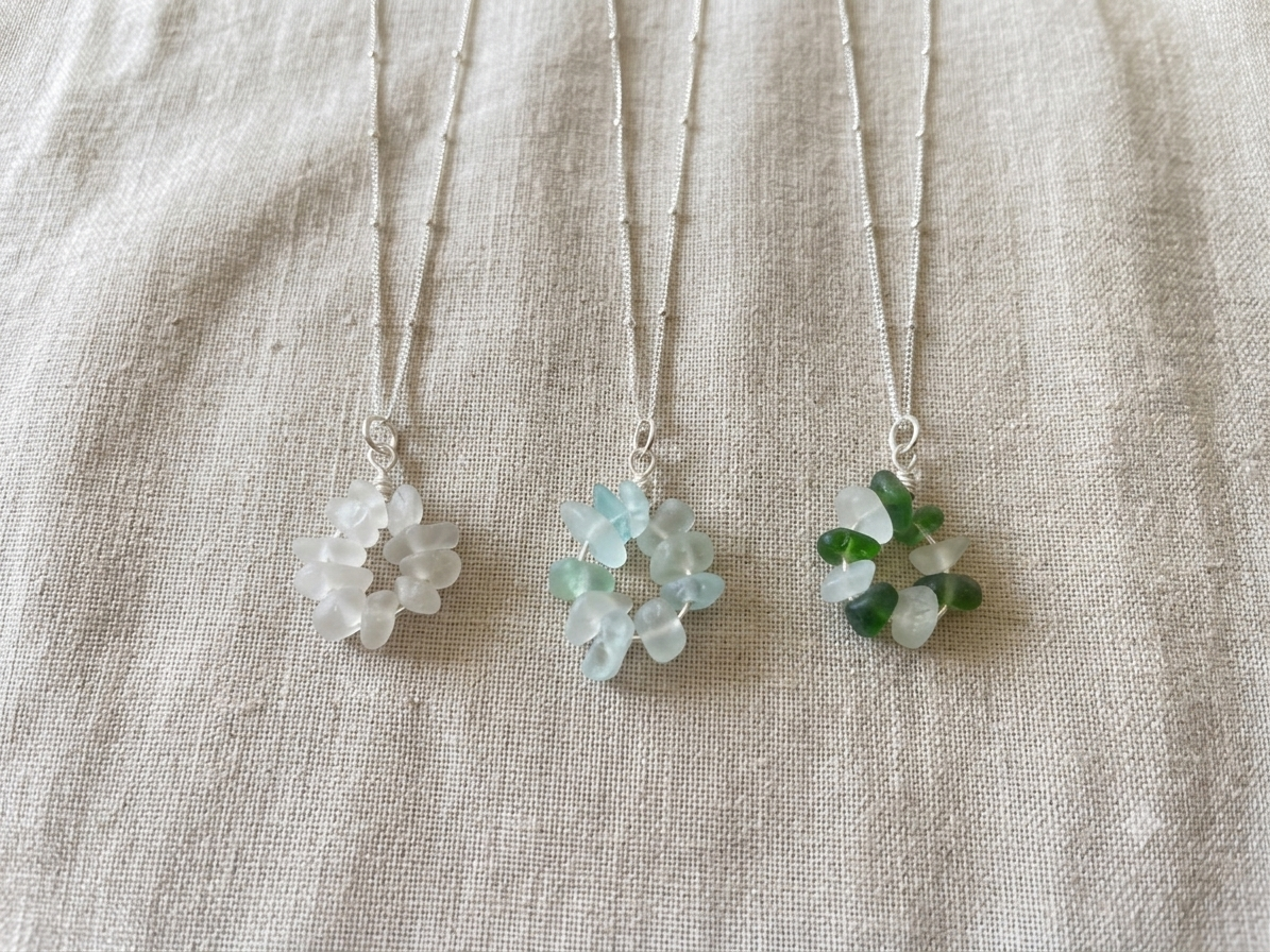 925 Sterling Silver 'ebb and flow' design seaglass necklace