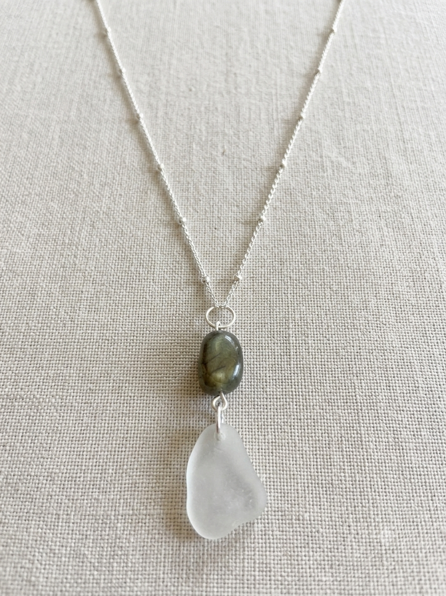 925 Sterling Silver Labradorite and sea glass pendant