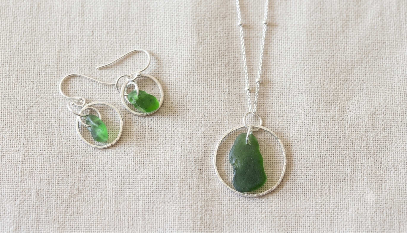 925 Sterling Silver Circular seaglass jewellery set