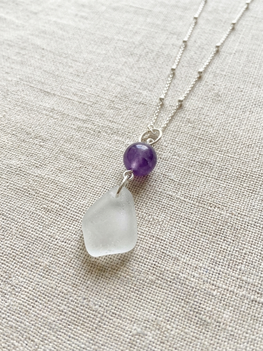 925 Sterling Silver amethyst and sea glass pendant