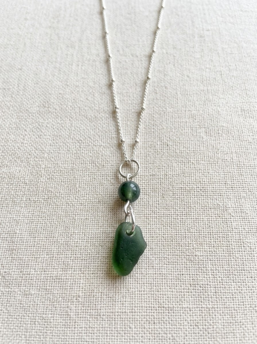 925 Sterling Silver moss agate and sea glass pendant