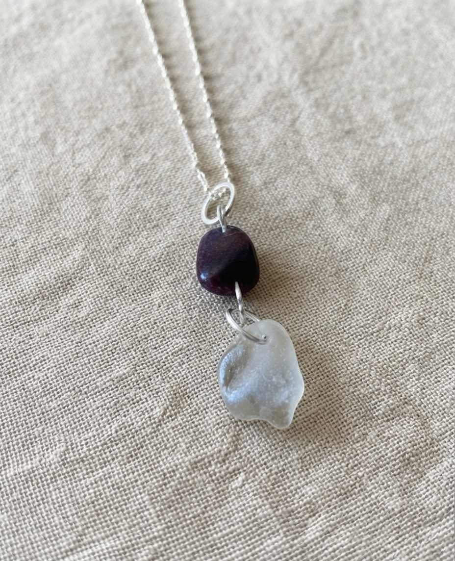925 Sterling Silver garnet and seaglass pendant