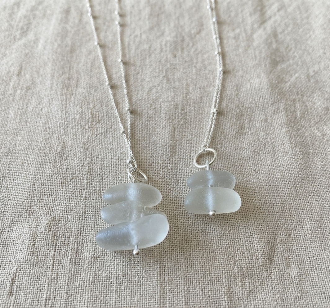 925 Sterling Silver white stack sea glass necklace