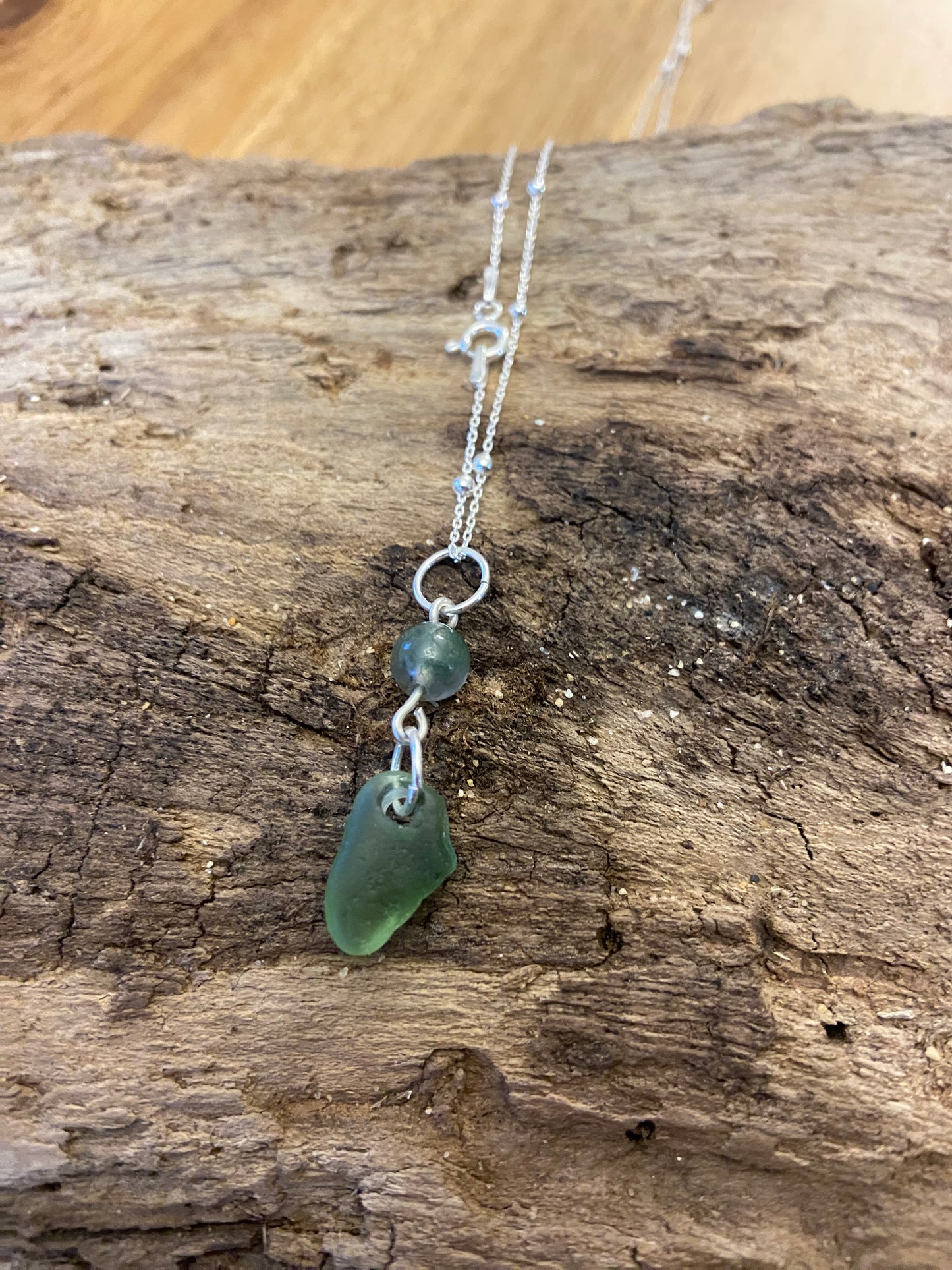 925 Sterling Silver moss agate and sea glass pendant