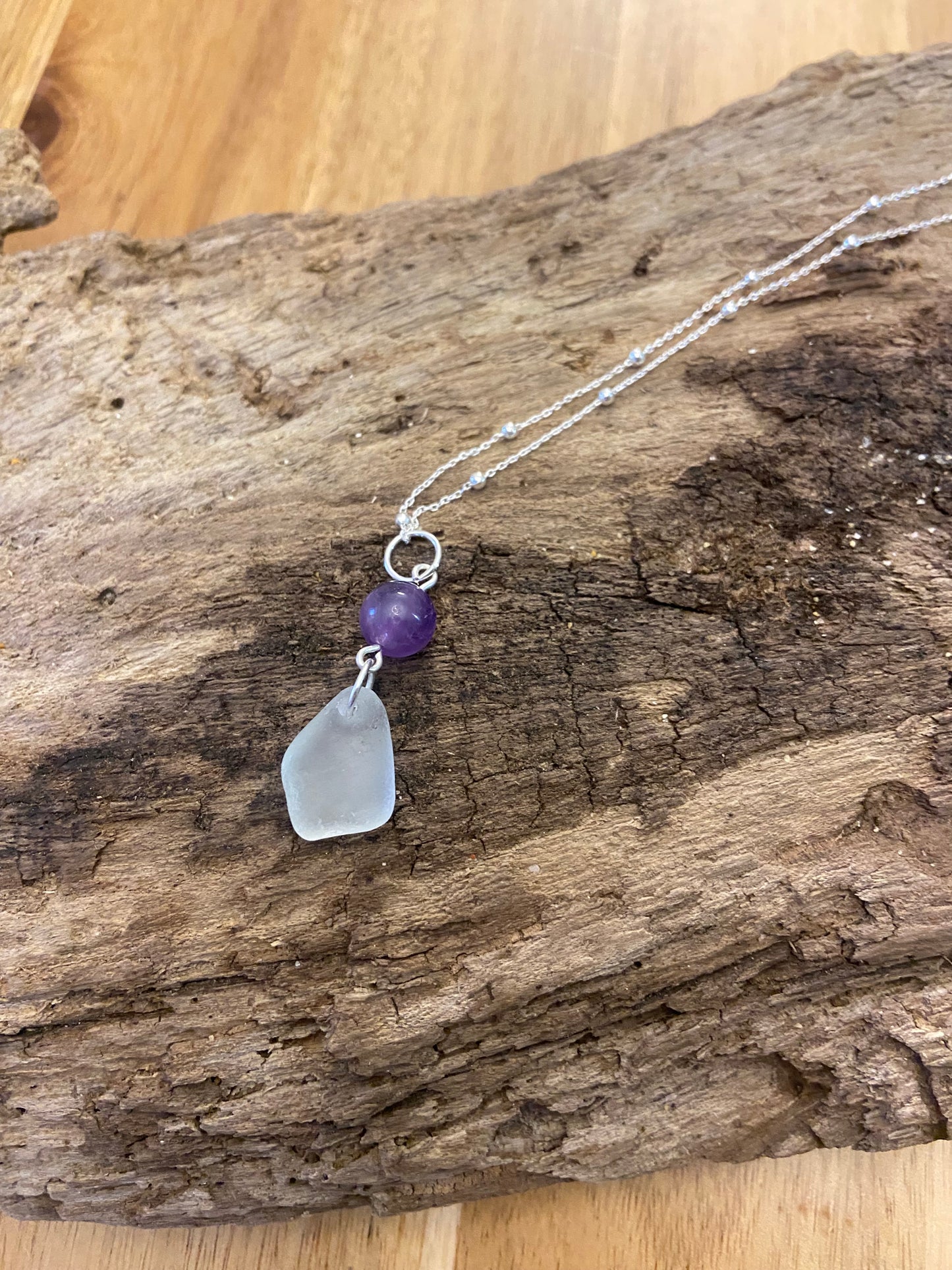 925 Sterling Silver amethyst and sea glass pendant