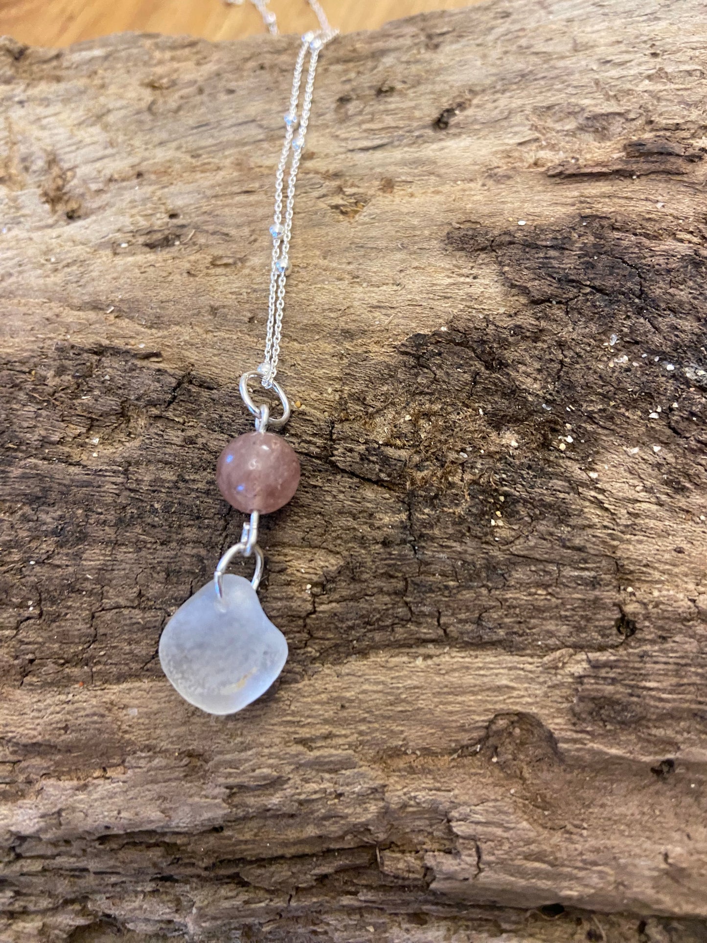 925 Sterling Silver strawberry quartz and sea glass pendant
