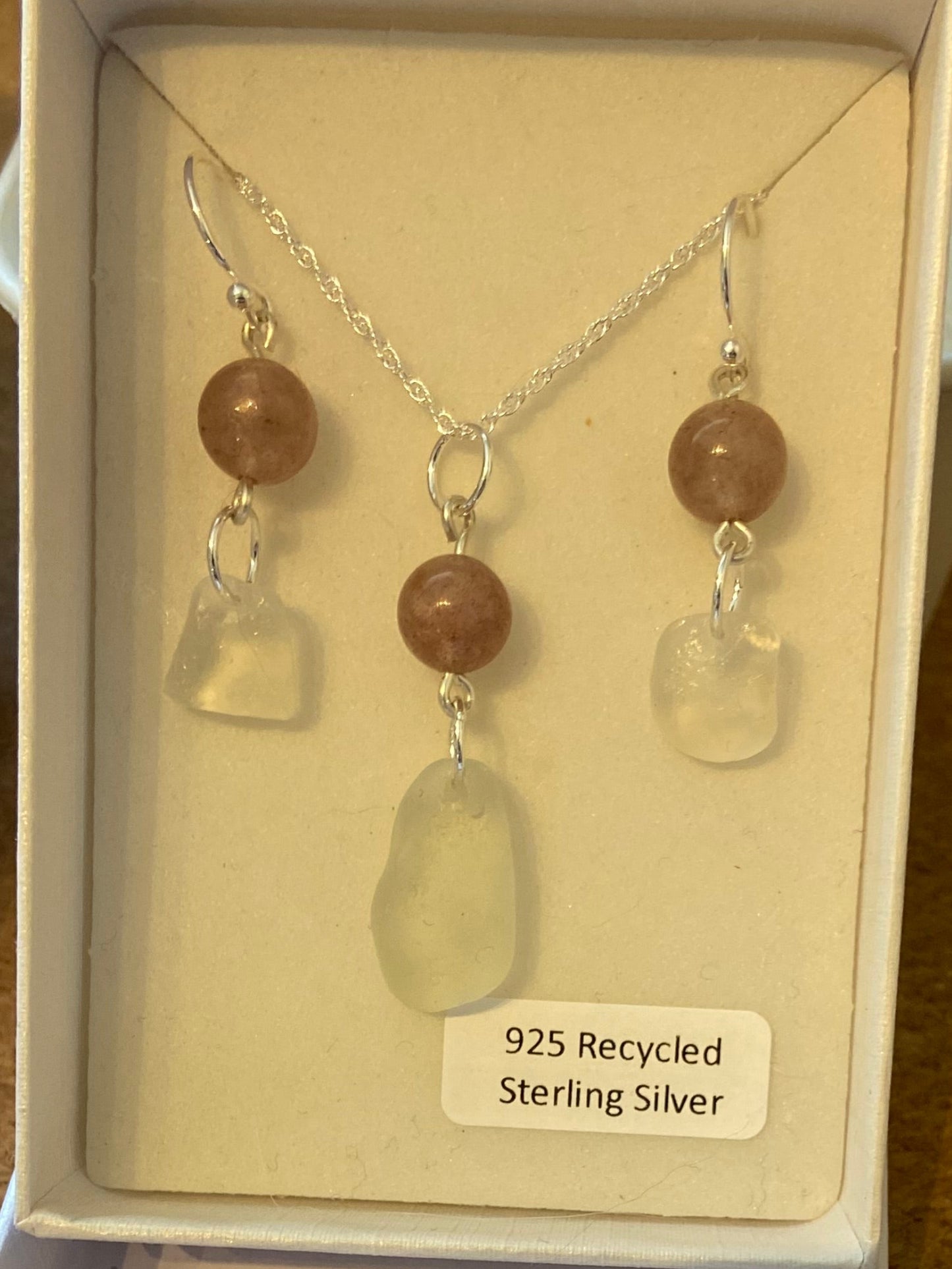 Matching necklace and earrings set featuring clear sea glass and 925 recycled sterling silver fine rope chain