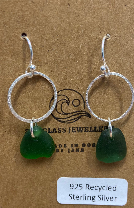 925 Sterling Silver hammered circle seaglass earrings