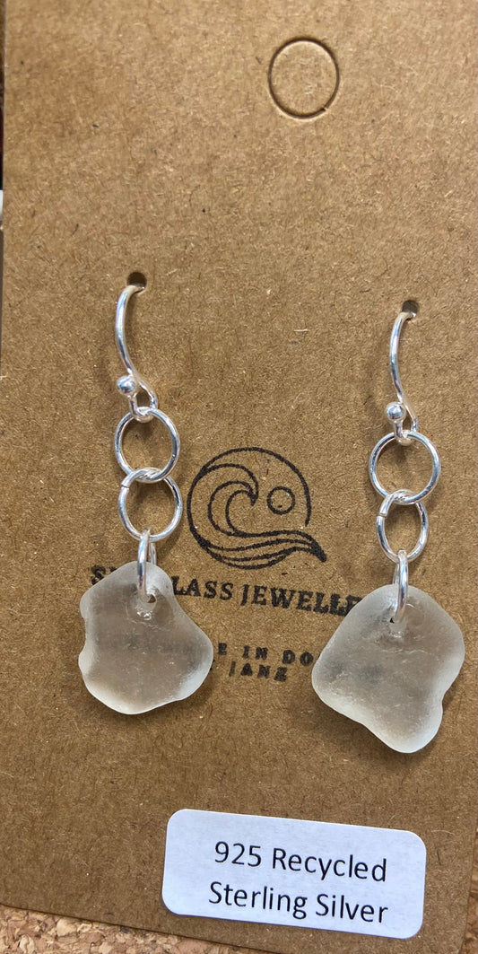 925 Sterling Silver triple ring seaglass earrings