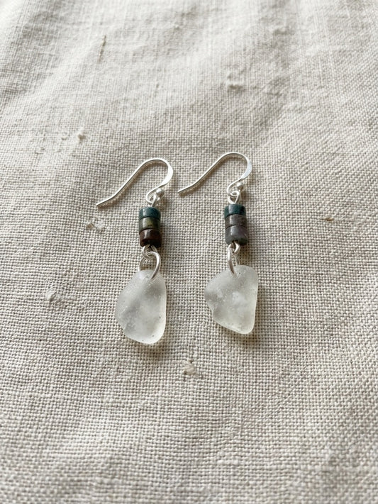 925 Sterling Silver, indian agate and sea glass earrings