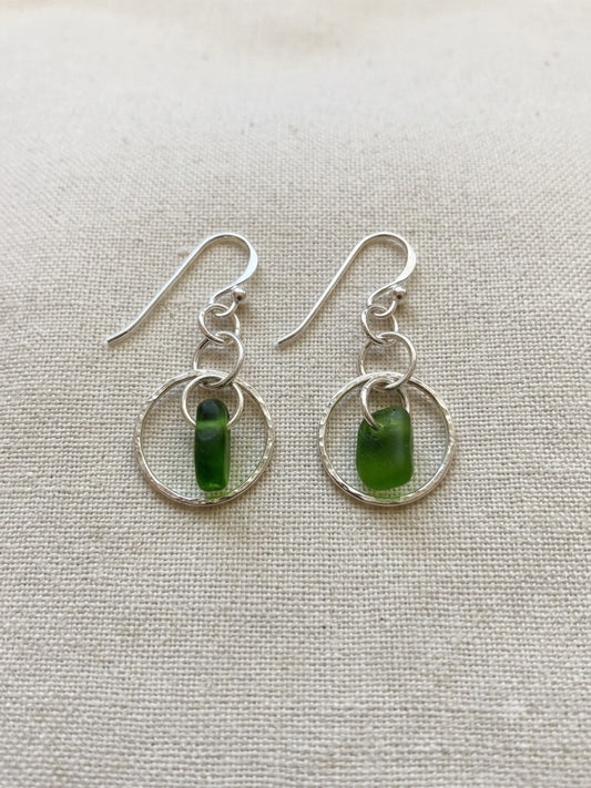 925 Sterling Silver hammered circles sea glass earrings