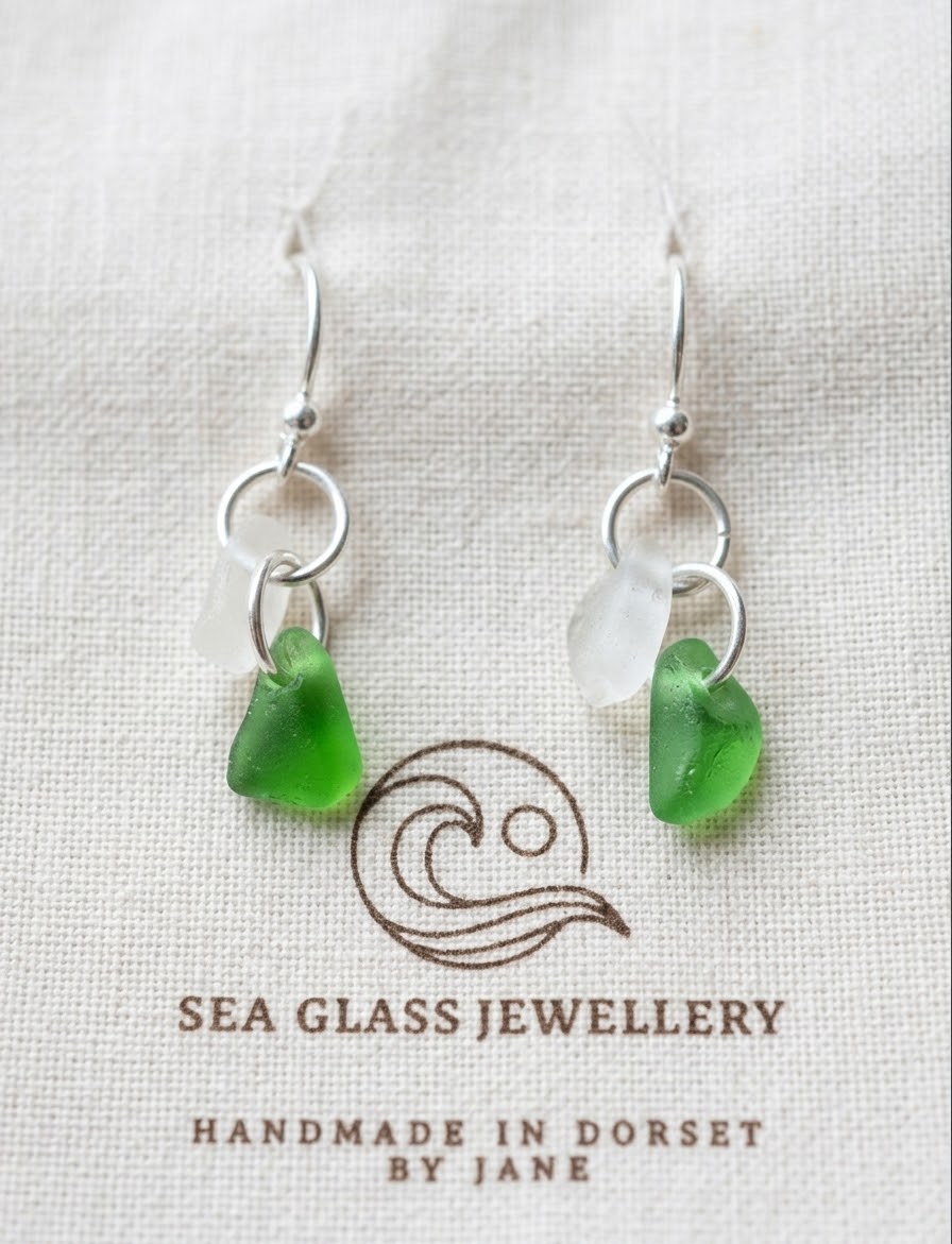 925 Sterling Silver white and green sea glass earrings