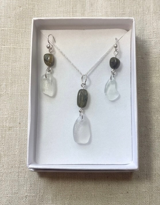 Matching necklace and earrings set featuring clear sea glass semi precious stone options
