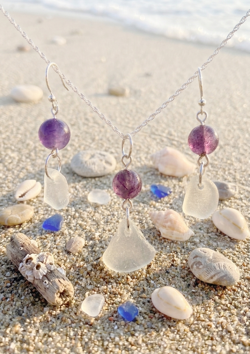 Matching necklace and earrings set featuring clear sea glass semi precious stone options