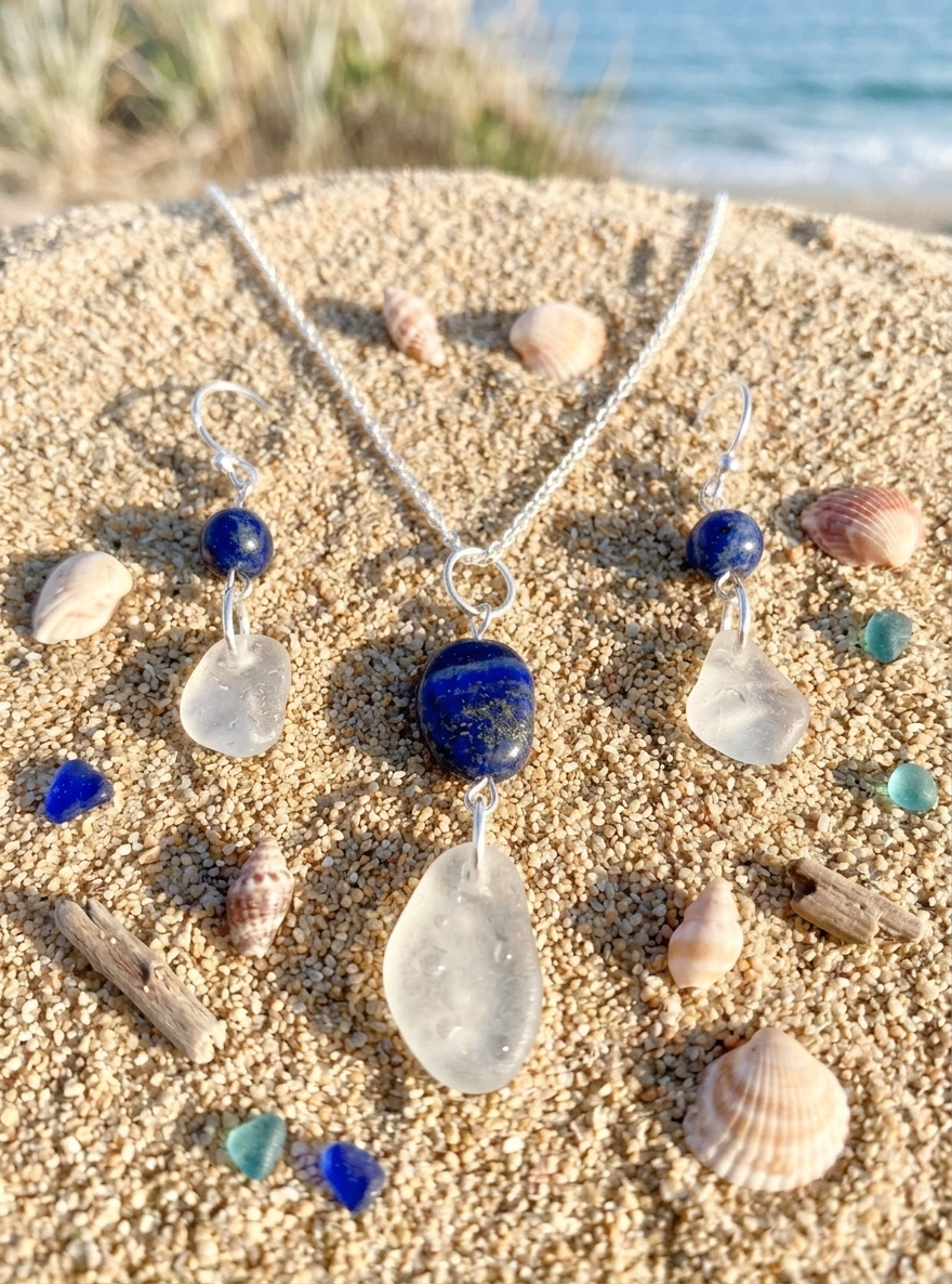 Matching necklace and earrings set featuring clear sea glass semi precious stone options
