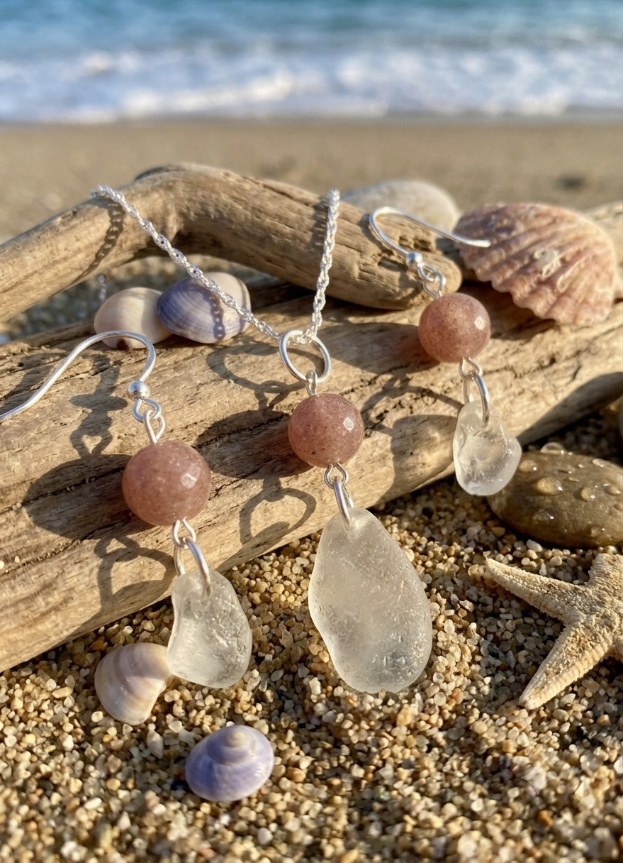 Matching necklace and earrings set featuring clear sea glass semi precious stone options