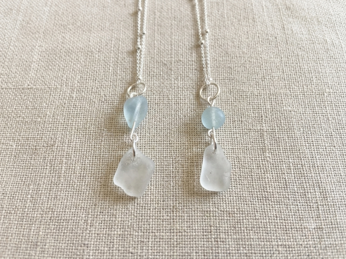 925 Sterling Silver Aquamarine and white sea glass pendant