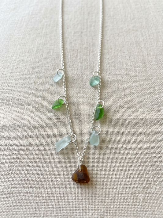 925 Sterling Silver 7 piece multi coloured seaglass necklace