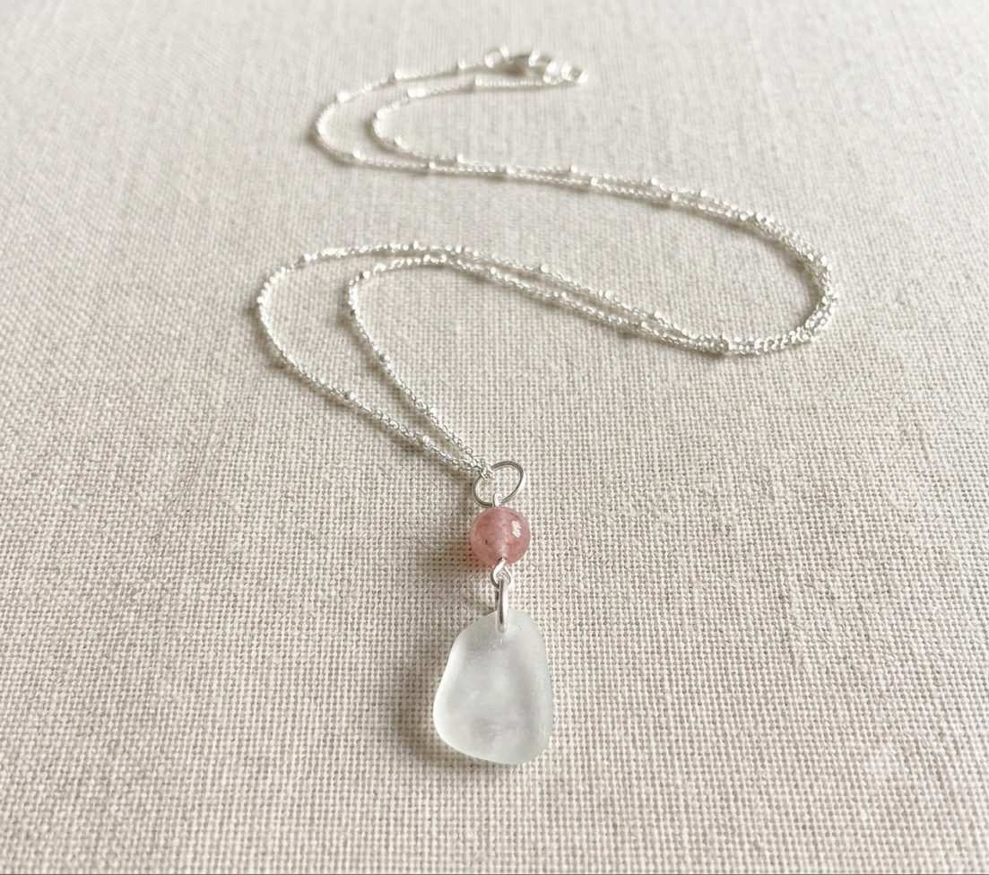 925 Sterling Silver strawberry quartz and sea glass pendant