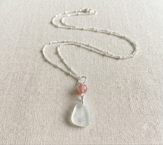 925 Sterling Silver strawberry quartz and sea glass pendant