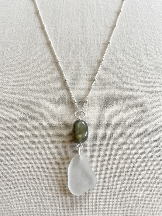 925 Sterling Silver Labradorite and sea glass pendant