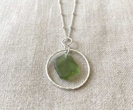 925 Sterling Silver circular design seaglass necklace
