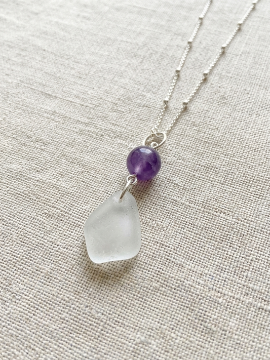 925 Sterling Silver amethyst and sea glass pendant