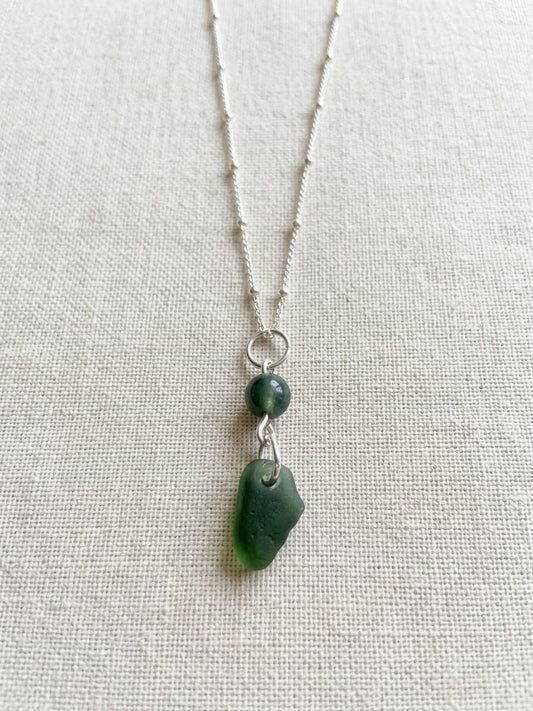 925 Sterling Silver moss agate and sea glass pendant