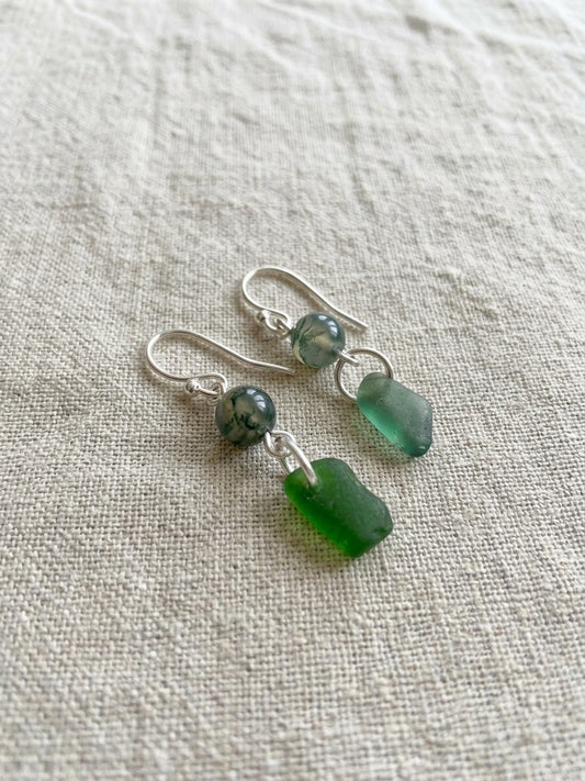 925 Sterling Silver sea glass earrings with moss agate