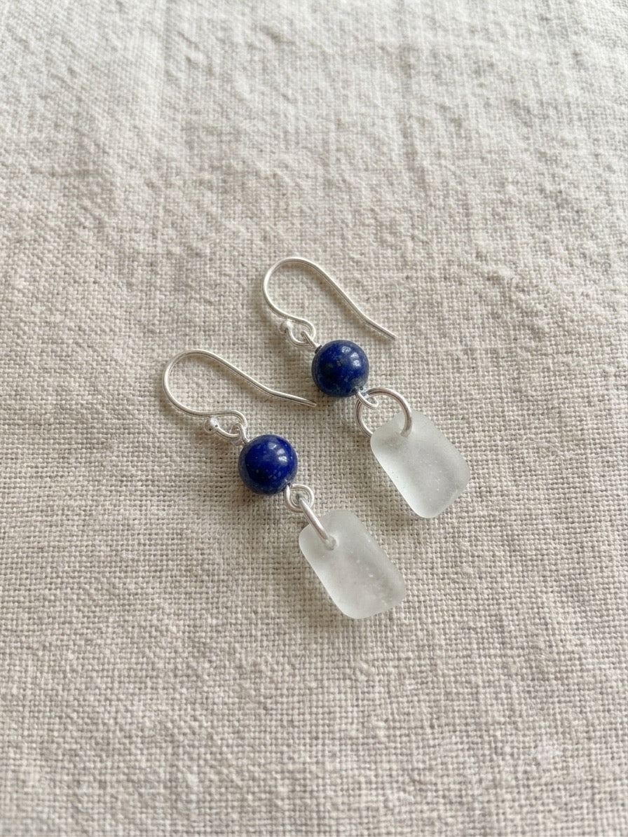 925 Sterling Silver white sea glass earrings with Lapis Lazuli