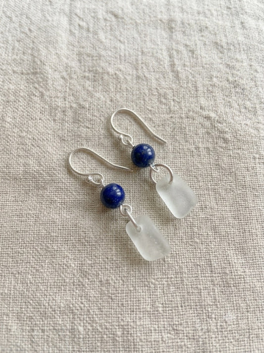 925 Sterling Silver white sea glass earrings with Lapis Lazuli