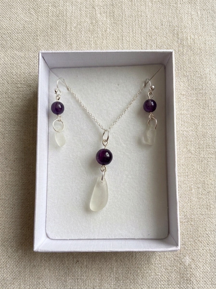 Matching necklace and earrings set featuring clear sea glass semi precious stone options