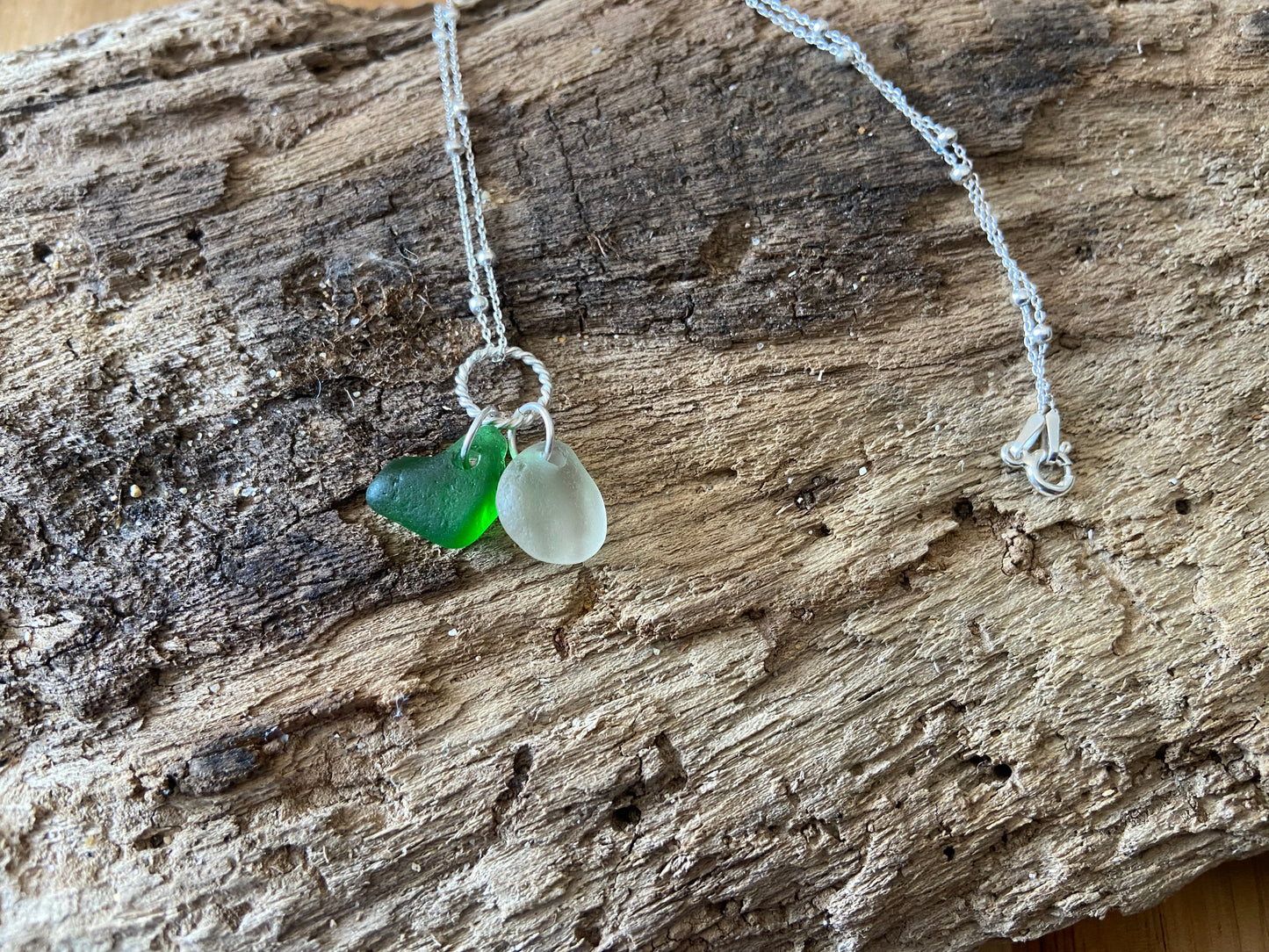 925 Sterling Silver Ring double drop seaglass necklace