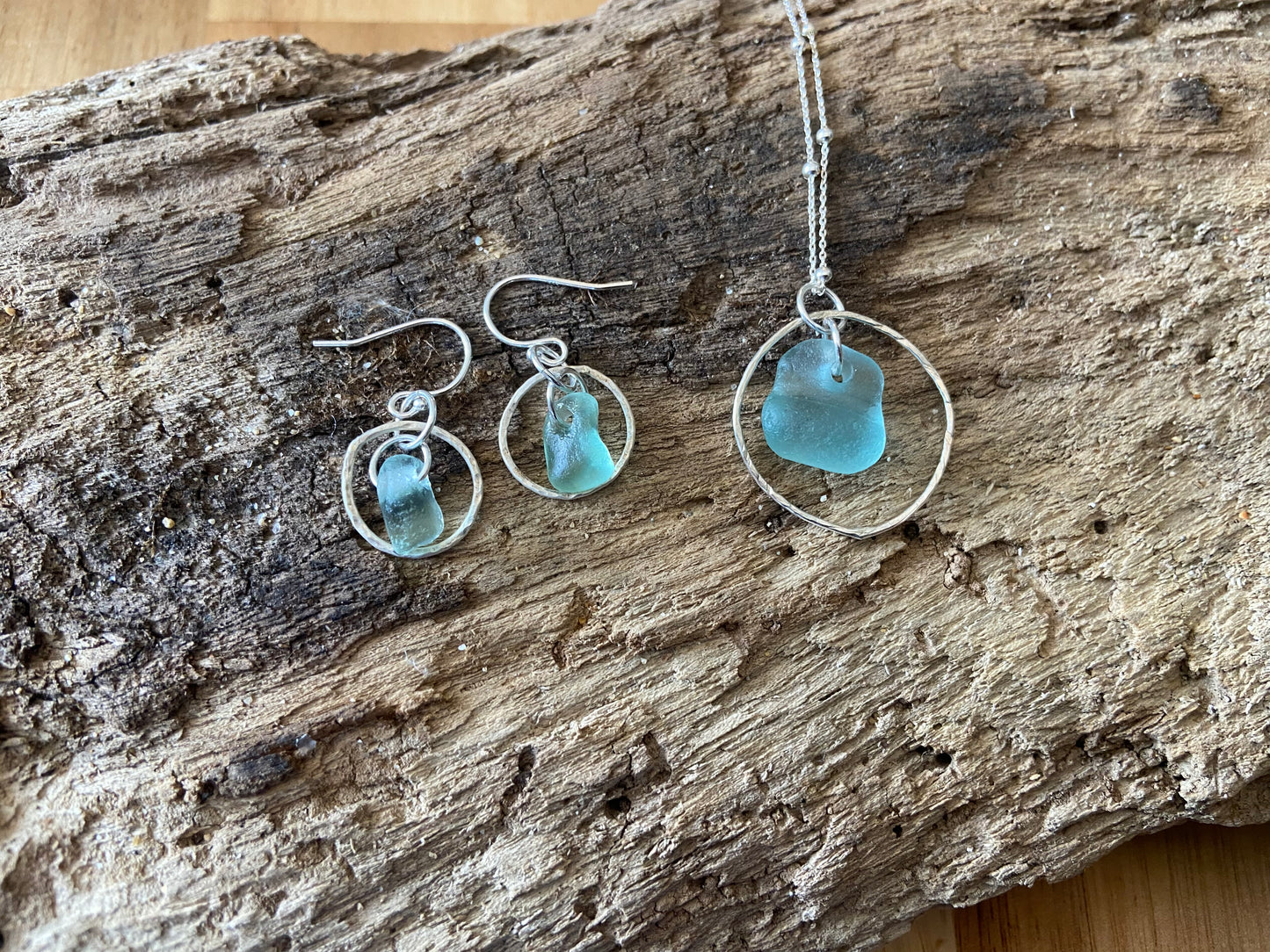925 Sterling Silver 'Ring drop' seaglass jewellery set