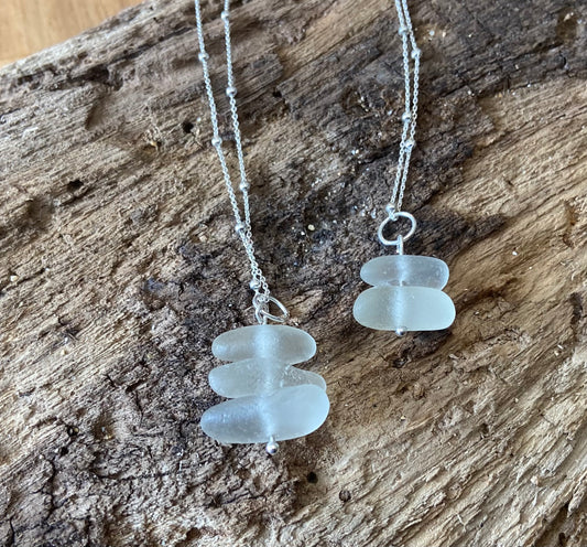 925 Sterling Silver white stack sea glass necklace