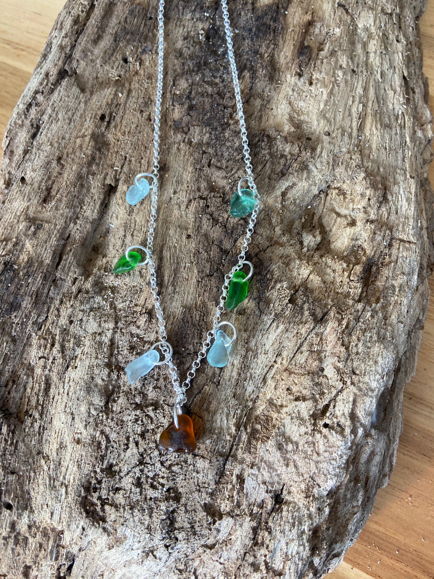 925 Sterling Silver multi piece multi coloured seaglass necklace