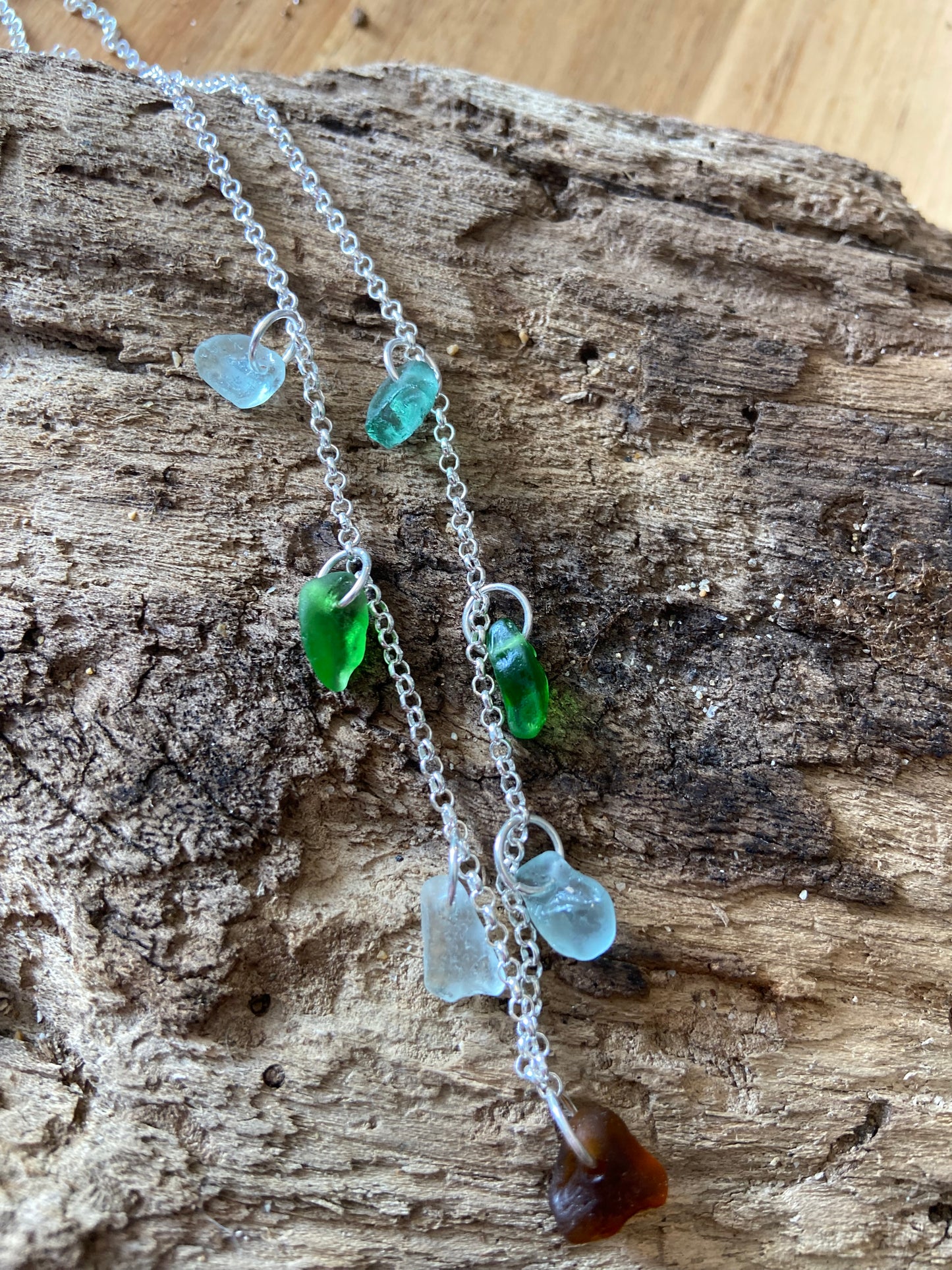 925 Sterling Silver multi piece multi coloured seaglass necklace