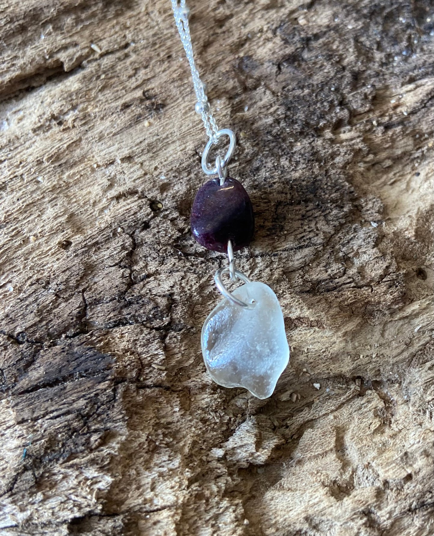 925 Sterling Silver garnet and seaglass pendant