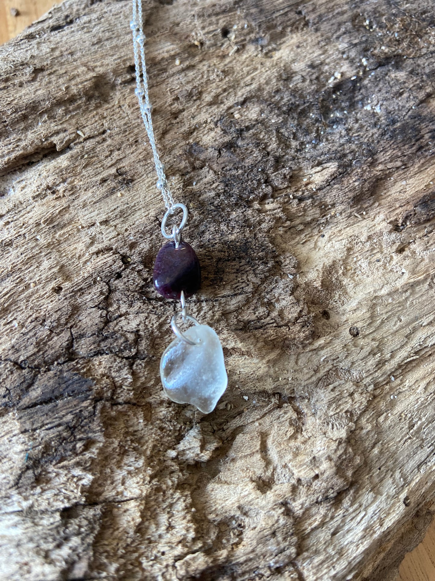 925 Sterling Silver garnet and seaglass pendant