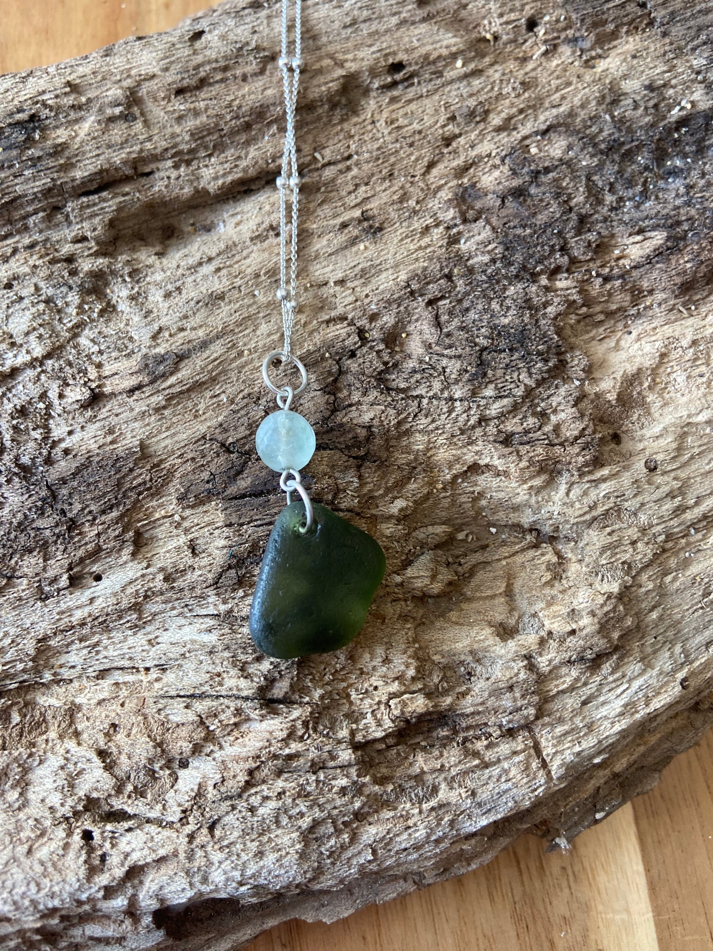925 Sterling Silver Flourite and green sea glass pendant