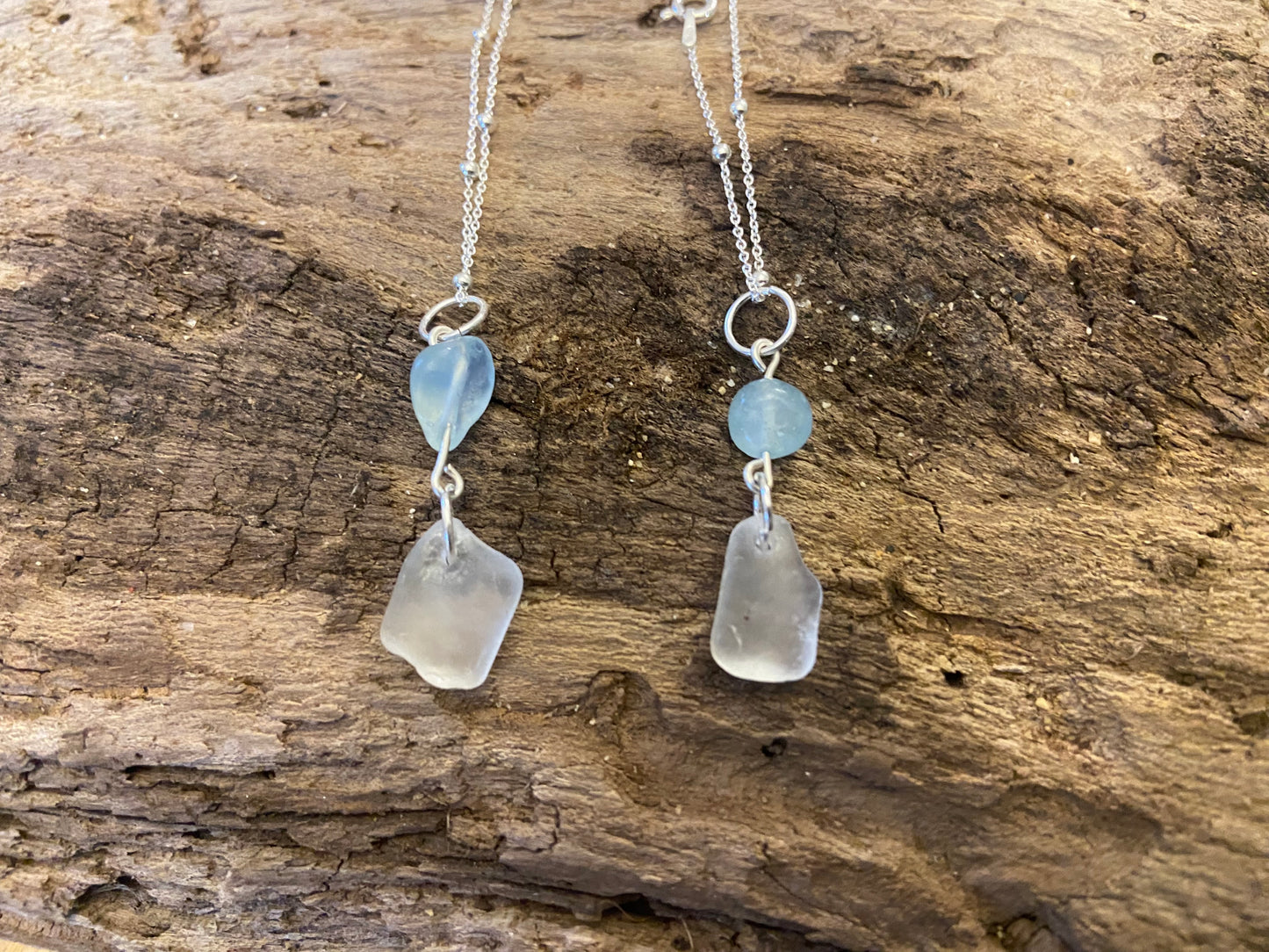 925 Sterling Silver Aquamarine and white sea glass pendant