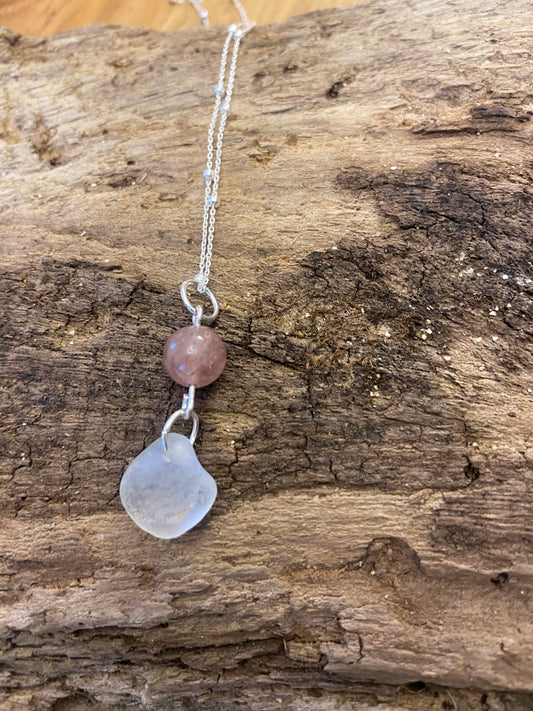 925 Sterling Silver strawberry quartz and sea glass pendant