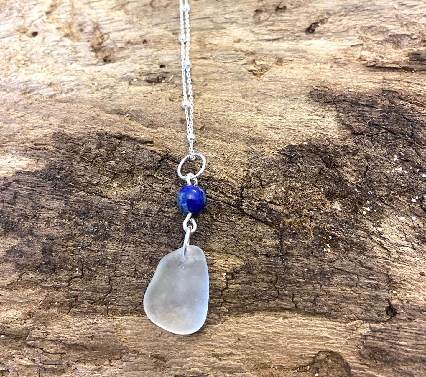 925 Sterling Silver Lapis Lazuli and sea glass pendant