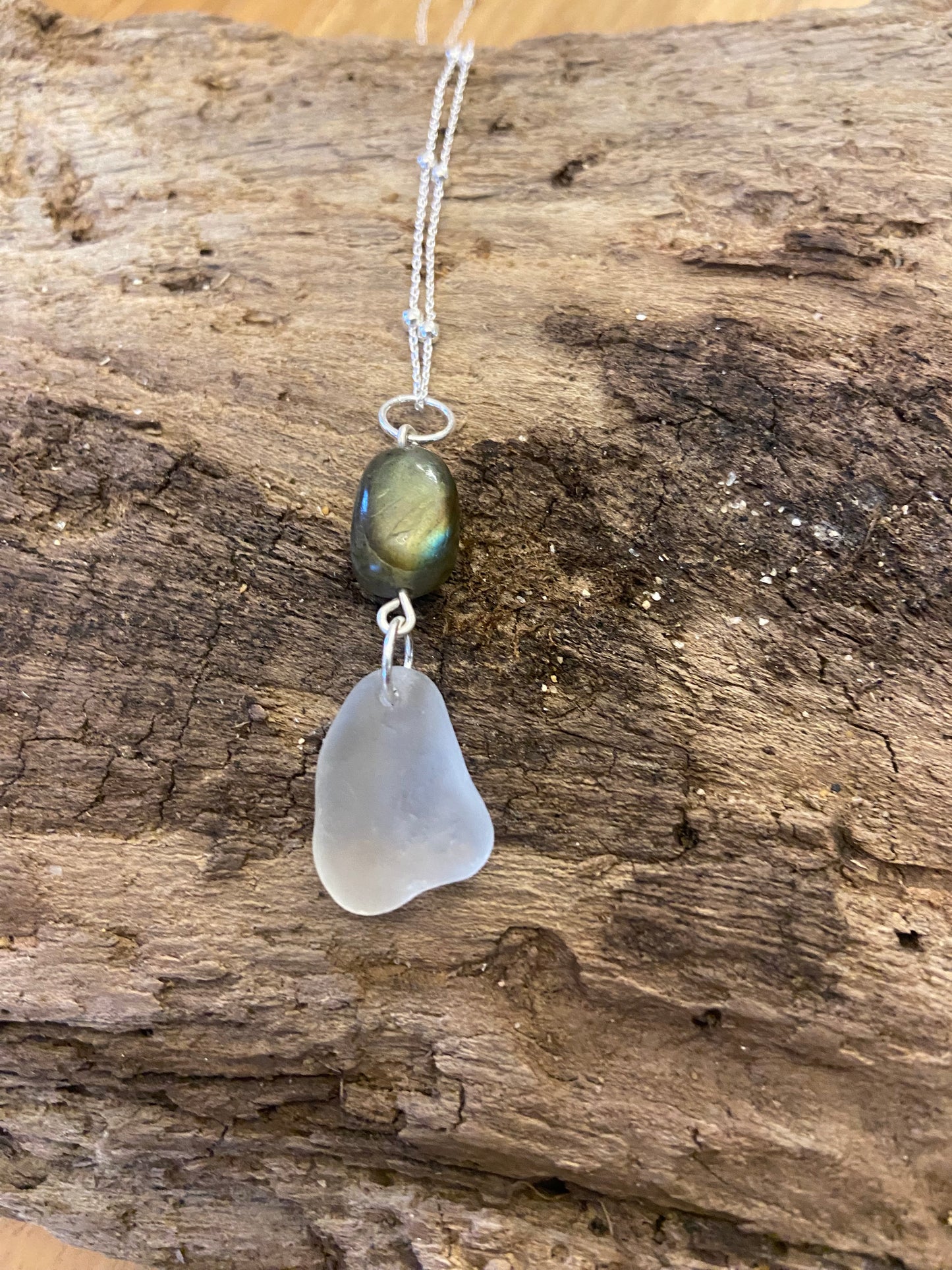 925 Sterling Silver Labradorite and sea glass pendant